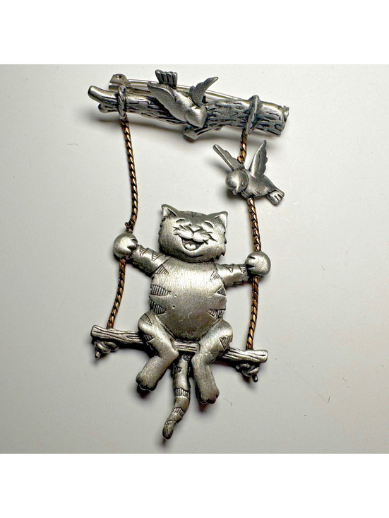 Jonette Jewelry Jewelry - Vintage JJ Jonette Cat Swing Brooch Pewter Bird Dangle Vintage Signed Pin